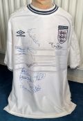 Retro England Home Shirt Multi Signed By Brian Robson, Glenn Hoddle, Paul Merson, Nigel Martin and 6