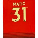 Football Nemanja Matic signed Manchester United Number 31 replica shirt mounted to a board.