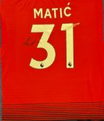 Football Nemanja Matic signed Manchester United Number 31 replica shirt mounted to a board.