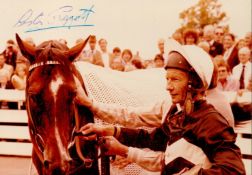 Jockey Lester Piggott Signed 5x3.5 Colour Photo. Photo taken at Newbury as the 4000th Winner. Good