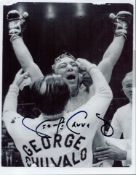 Boxing Legend George Chuvalo Signed 10x8 Black and White Photo showing Chuvalo Celebrating. Good