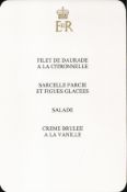 The Queen ER dinner menu from her Christmas visit to Sandringham House. Printed in French, as per