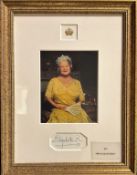 HRH The Queen Mother Signed Signature piece attached to photo frame with Photo of Queen Mother and