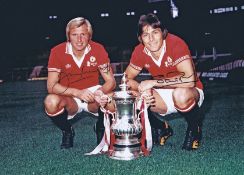 Autographed Man United 16 X 12 Photo - Col, Depicting A Wonderful Image Showing Stuart Pearson And