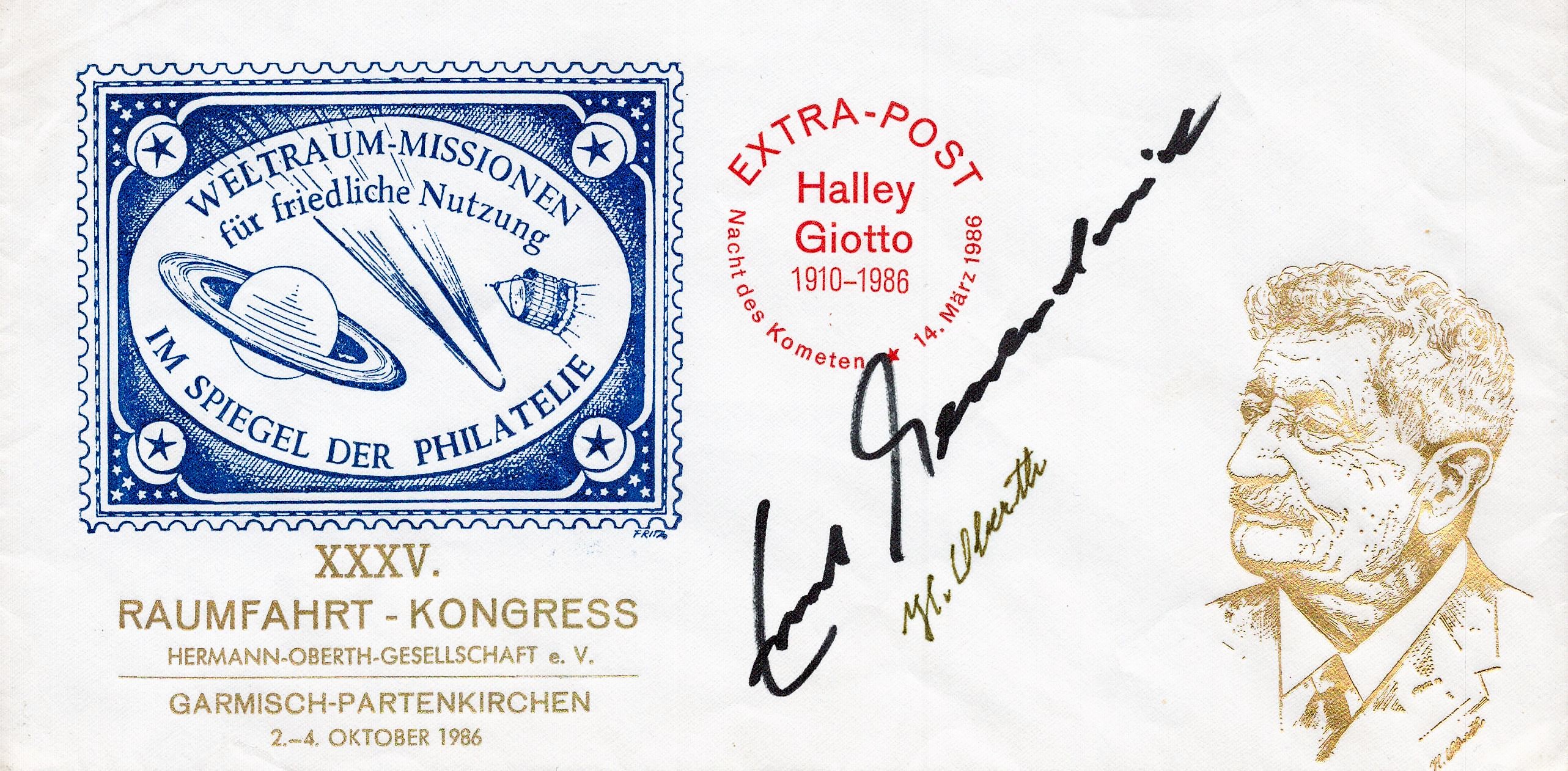 Ernst Messerschmid and Hermann Oberth signed FDC in honour of Space Missions for Peaceful Use in the