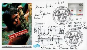 Composer, Klaus Huber signed FDC with hand drawn music score for La Terre des Hommes. This