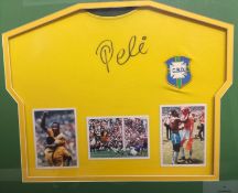Football Icon Pele Hand signed Yellow Brazil Football Retro Shirt In wood effect Frame Measuring