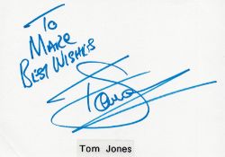Singer, Tom Jones signed and dedicated 6x4 white card, signed in blue marker with a lovely clear