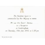 Royal invitation to The Queens Reception at Sandringham dated 18th July 2002. This beautiful 7x5