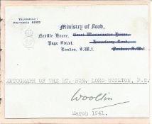 Lord Woolton signature piece taken from Ministry of Food letterhead with biography. Political
