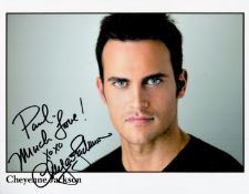 Cheyenne Jackson signed 10 x 8 inch colour photo. Dedicated. Good condition. All autographs come