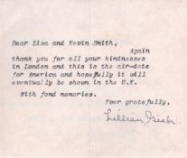 Lillian Gish hand signed 4x4 letter by the legendary Hollywood actress. Lillian Diana Gish (