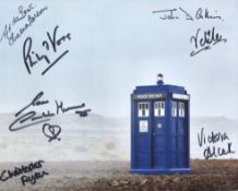 Doctor Who 8x10 Tardis photo signed by seven actors from the series, Caroline Munro, Christopher