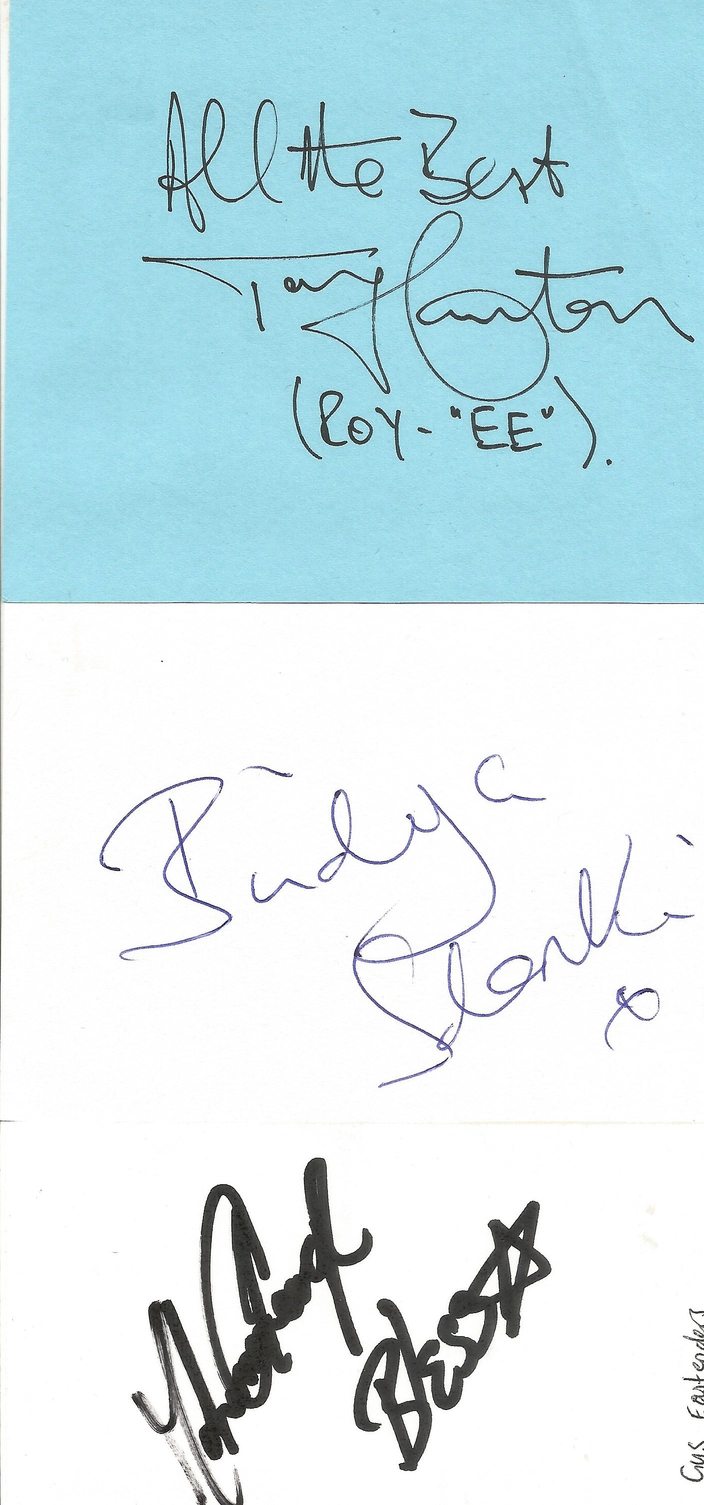 Eastenders Collection of 4 signature Cards Including Tony Caunter (Roy Evans), Bindya Solanki (