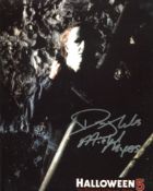 Halloween 5 horror movie photo signed by actor Don Shanks as Michael Myers. Good condition. All