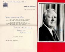 Edward Heath signed 6x4 black and white photo with accompanying House of Commons headed paper