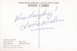 Leslie Nielsen signed colour Derbyshire Heritage postcard signature on the reverse. Leslie William