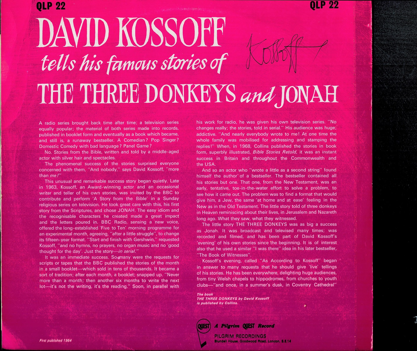 David Kossoff signed record sleeve The Three Donkeys and the Story of Jonah 33rpm vinyl record