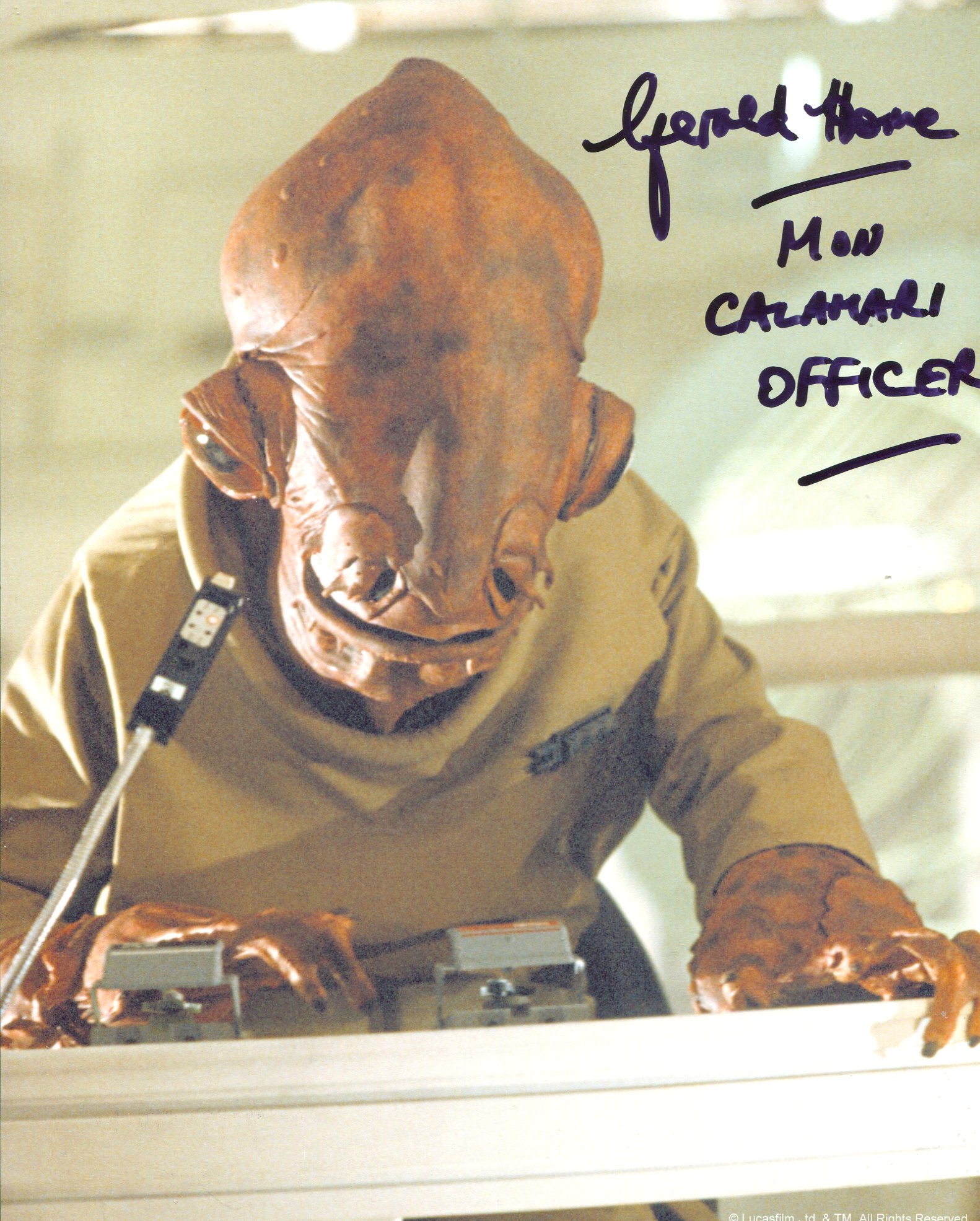 Star Wars 8x10 photo from Return of the Jedi, signed by actor Gerald Home as a Mon Calamari officer.