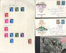 GB stamp collection on loose album page and one loose postcard and 2 regional FDC's 4/9/68. 13. Good