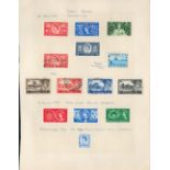 GB stamps 1953/1957 on loose album page. 14 stamps. Includes Coronation, scouts and high value defs.