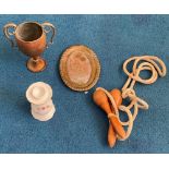 Assorted bric a brac collection. Contains old skipping rope with wooden handles, The Michael