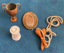 Assorted bric a brac collection. Contains old skipping rope with wooden handles, The Michael