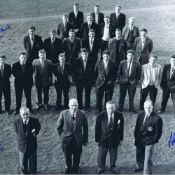 Autographed MAN UNITED 16 x 12 photo - B/W, depicting Manchester United's playing staff and