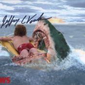 Jaws 8x10 classic movie photo signed by Jason Vorhees, pictured about to be the sharks lunch!.