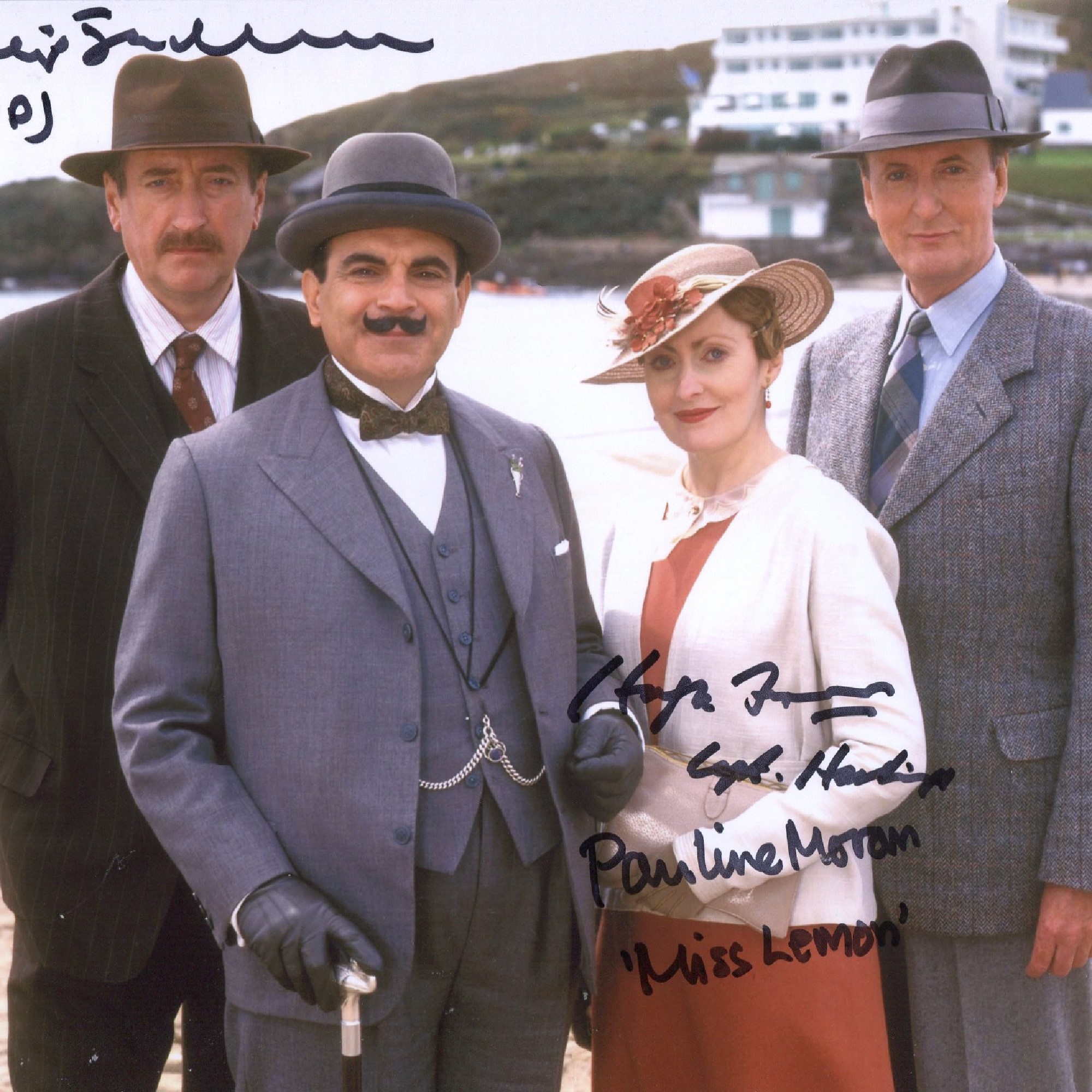 Poirot TV series 8x10 photo signed by all three cast members in Philip Jackson (Inspector Japp),
