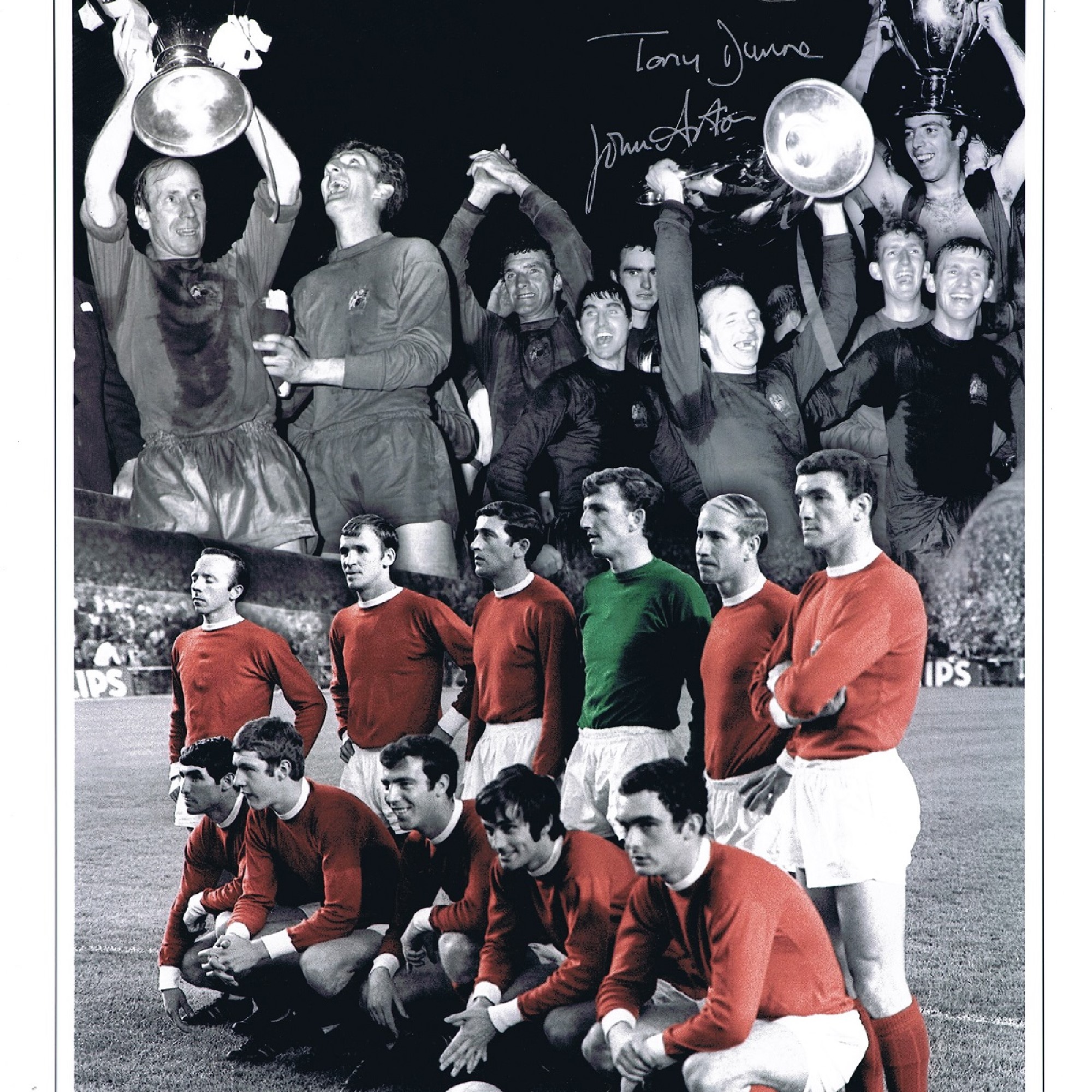 Autographed MAN UNITED 16 x 12 Montage Edition - Colorized, depicting a superbly produced montage of