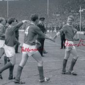 Autographed MAN UNITED 12 x 8 photo - B/W, depicting Manchester United's DENIS LAW and PAT CRERAND