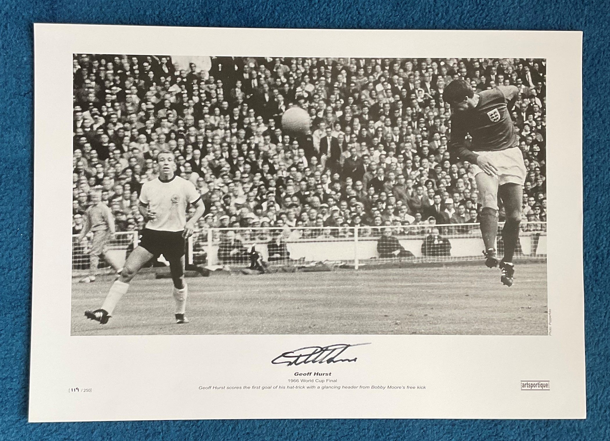 Geoff Hurst signed 22x16 1966 World Cup Final black and white print Geoff Hurst scores the first