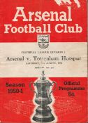 Football Arsenal v Tottenham Hotspur vintage programme Division One 20th August 1950. Good