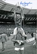 Autographed RAY GRAYDON 12 x 8 photo - B/W, depicting Graydon and his Aston Villa team mate Jim