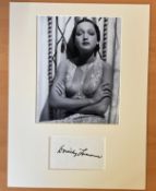 Actress Dorothy Lamour Personally Signed Signature card with 10x8 Black and White Photo, Mounted