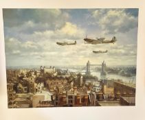 John Young WW2 24x20 Colour Print Titled Spitfires Over London Printed in Great Britain. Great