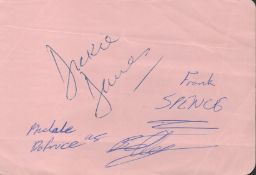 Michele Dotrice, Dickie Davies and Frank Spence signed album page. Good condition. All autographs