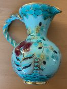 Flora Gouda Holland Ceramic Blue Handled Vase with Floral Decoration. 8 Inches in Height. Good