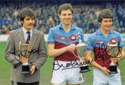 Autographed WEST HAM UNITED 12 x 8 photo - Col, depicting ALAN DEVONSHIRE, ALVIN MARTIN and RAY