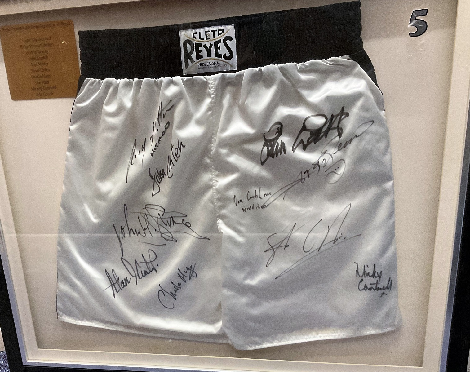 Iconic Boxing Legend Sugar Ray Leonard Multi Signed White and Black Reyes Professional Boxing Shorts