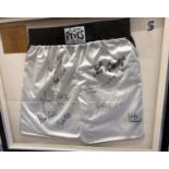 Iconic Boxing Legend Sugar Ray Leonard Multi Signed White and Black Reyes Professional Boxing Shorts