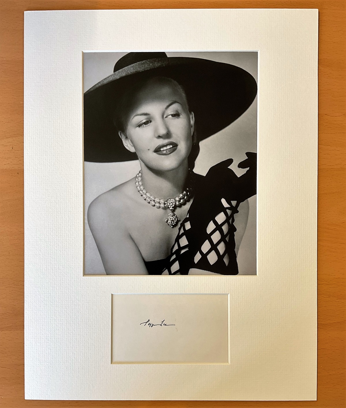 Musician Peggy Lee Personally Signed signature piece, with 10x8 Black and White photo, Mounted to an