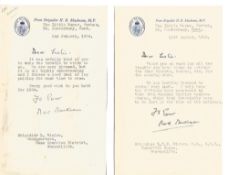 Brigadier H R Mackeson MP 2 x 8 x 5 TLS, one dated 13th August 1953, the other 2nd January 1954,