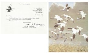 Sir Peter Scott signed 7 x 9 print of one of his own paintings, created in 1980. Accompanied by note