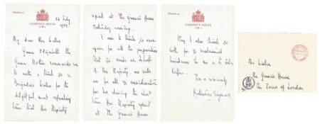 Katherine Seymour ALS on Clarence House headed paper dated 24th July 1957. Letter thanks
