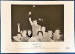 Jack Charlton signed 23x17 black and white print pictured celebrating after Leeds United win in