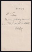 Garnet Wolseley Distinguished Army Field Marshal One Page Hand Written Signed Note. Good