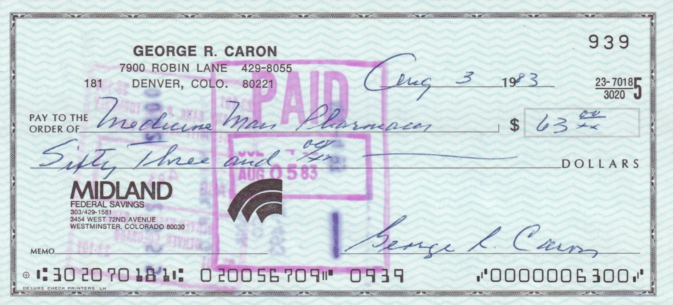 George R. Caron Enola Gay Tail Gunner Signed Bank Cheque. Good condition. All autographs come with a