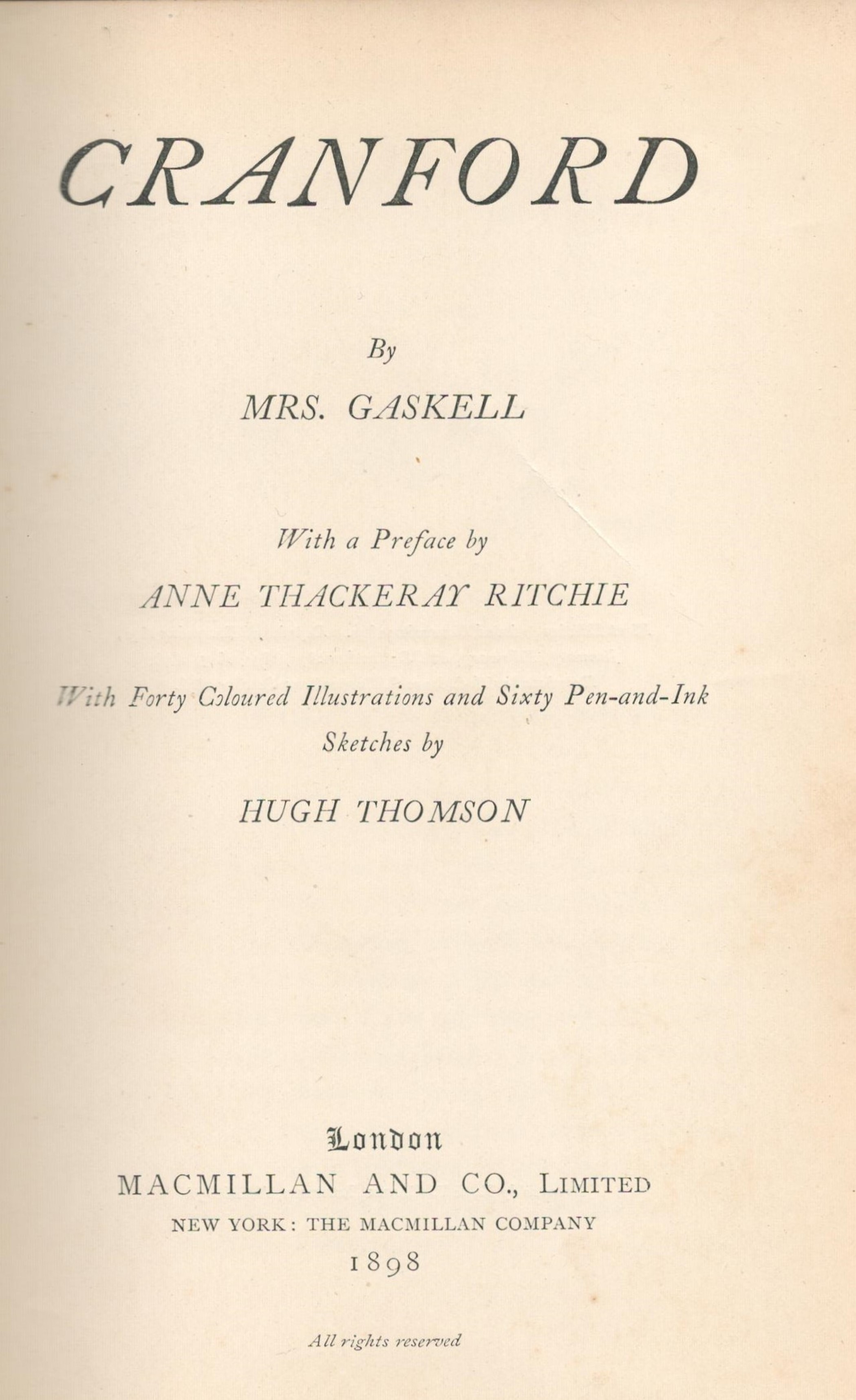 Cranford by Mrs Gaskell Hardback Book 1898 Sixth Edition published by Macmillan and Co Ltd some